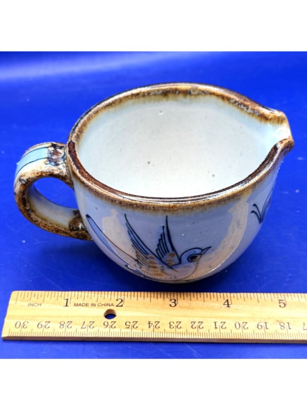 El Palomar Mexico Pottery Creamer Pitcher Vintage Blue Bird Floral Stoneware Mug - Picture 5 of 13